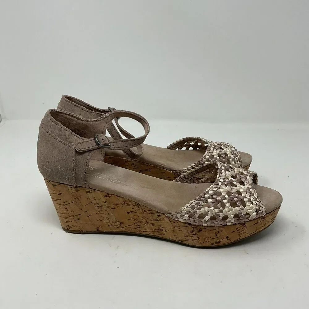 Toms Wedge Sandals‎ 7.5 Beige Tan Strappy Open Toe Shoes Ankle Strap Cork Heel